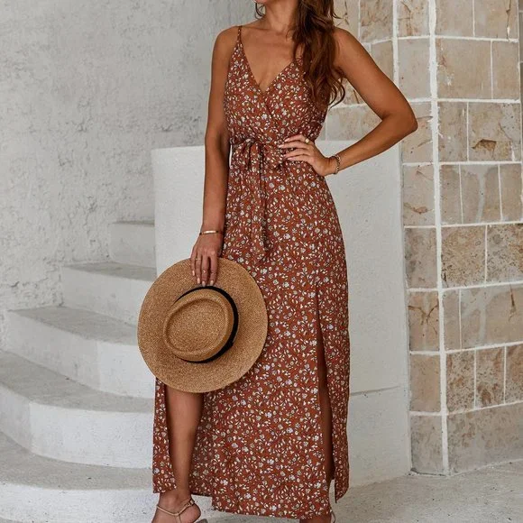 brown ditsy floral dress Ditsy Floral Shirred Mini Dress – Rustic Roots 605 main image 0